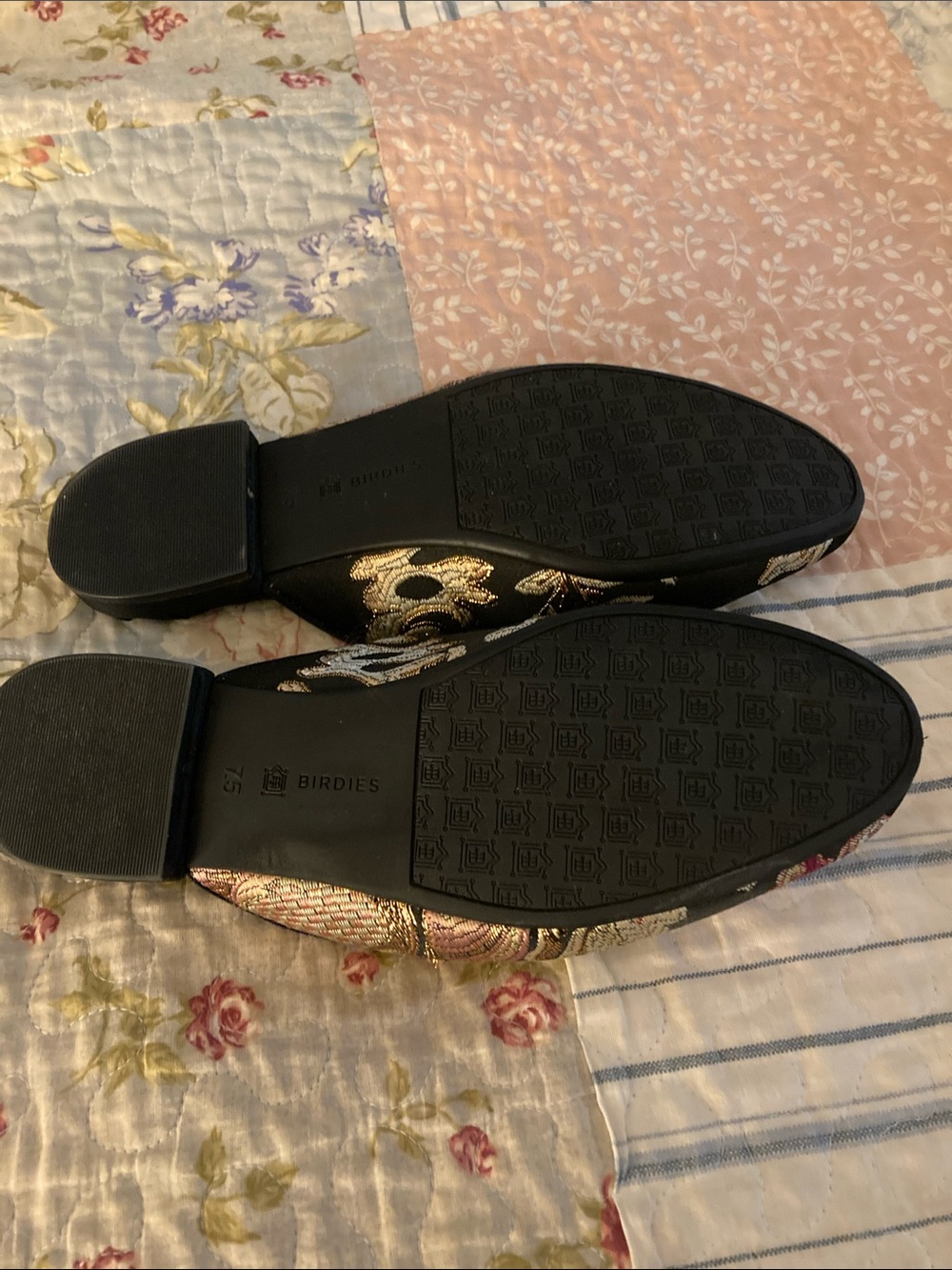Birdies Black Slip-On Mules with Pink and Gold Floral Jacquard - Picture 2 of 3